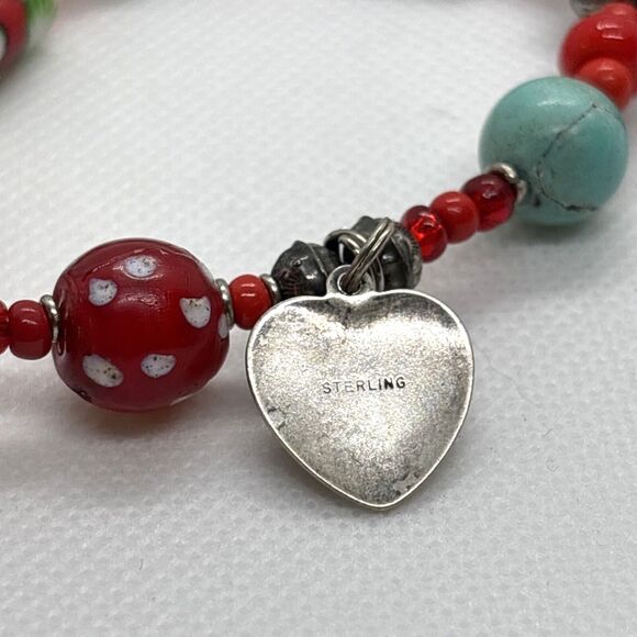 Handmade Red Beaded Bracelet 7.5'' 3 Sterling Silver Charms & Closure 26g Love - Picture 7 of 11